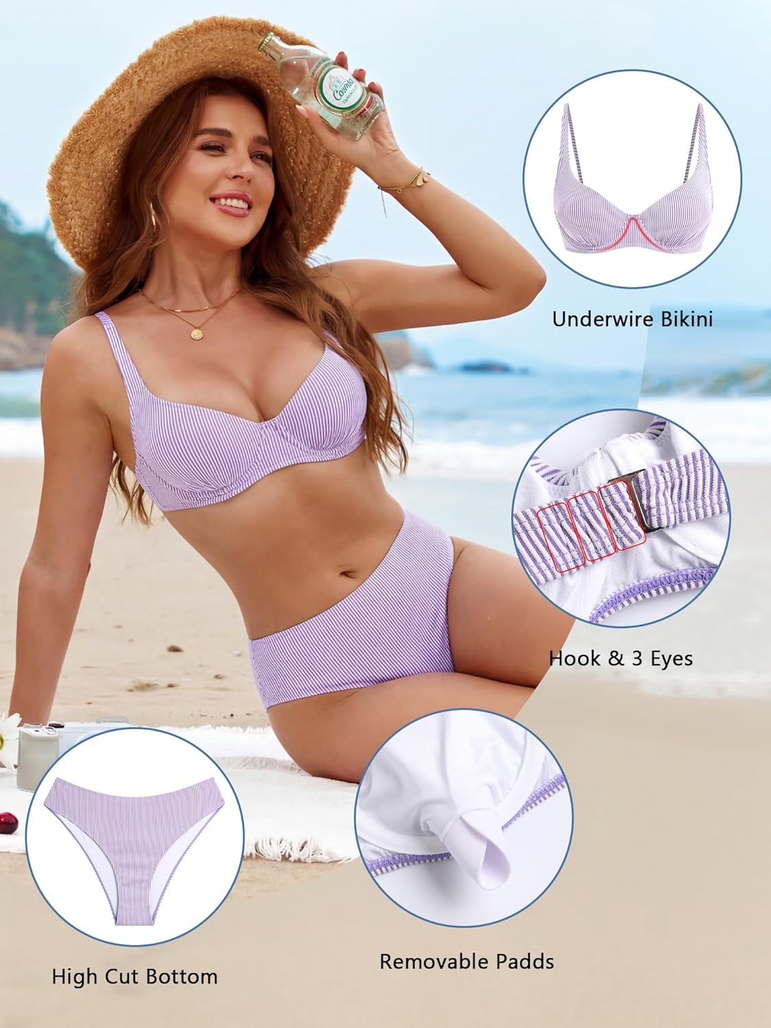 ZAFUL Womens Gingham Bikini Sets High Waisted Underwire Swimsuits Full Coverage Two Piece Swimwear Plaid Bathing Suits