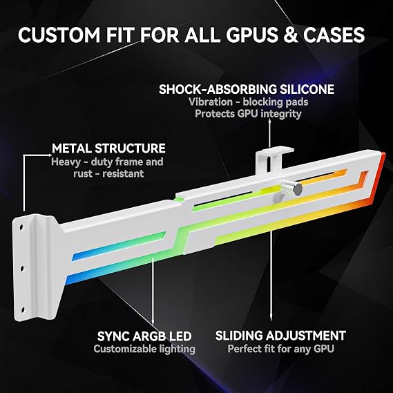 ARGB GPU Support Bracket, Universal Graphics Card GPU Brace Support, Multi Angle Adjustable GPU Sag Bracket for Video Cards, 16.8M RGB Modes GPU Stand Built-in 5V3PIN Addressable RGB Strip