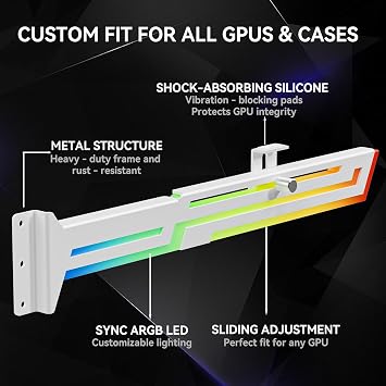 ARGB GPU Support Bracket, Universal Graphics Card GPU Brace Support, Multi Angle Adjustable GPU Sag Bracket for Video Cards, 16.8M RGB Modes GPU Stand Built-in 5V3PIN Addressable RGB Strip