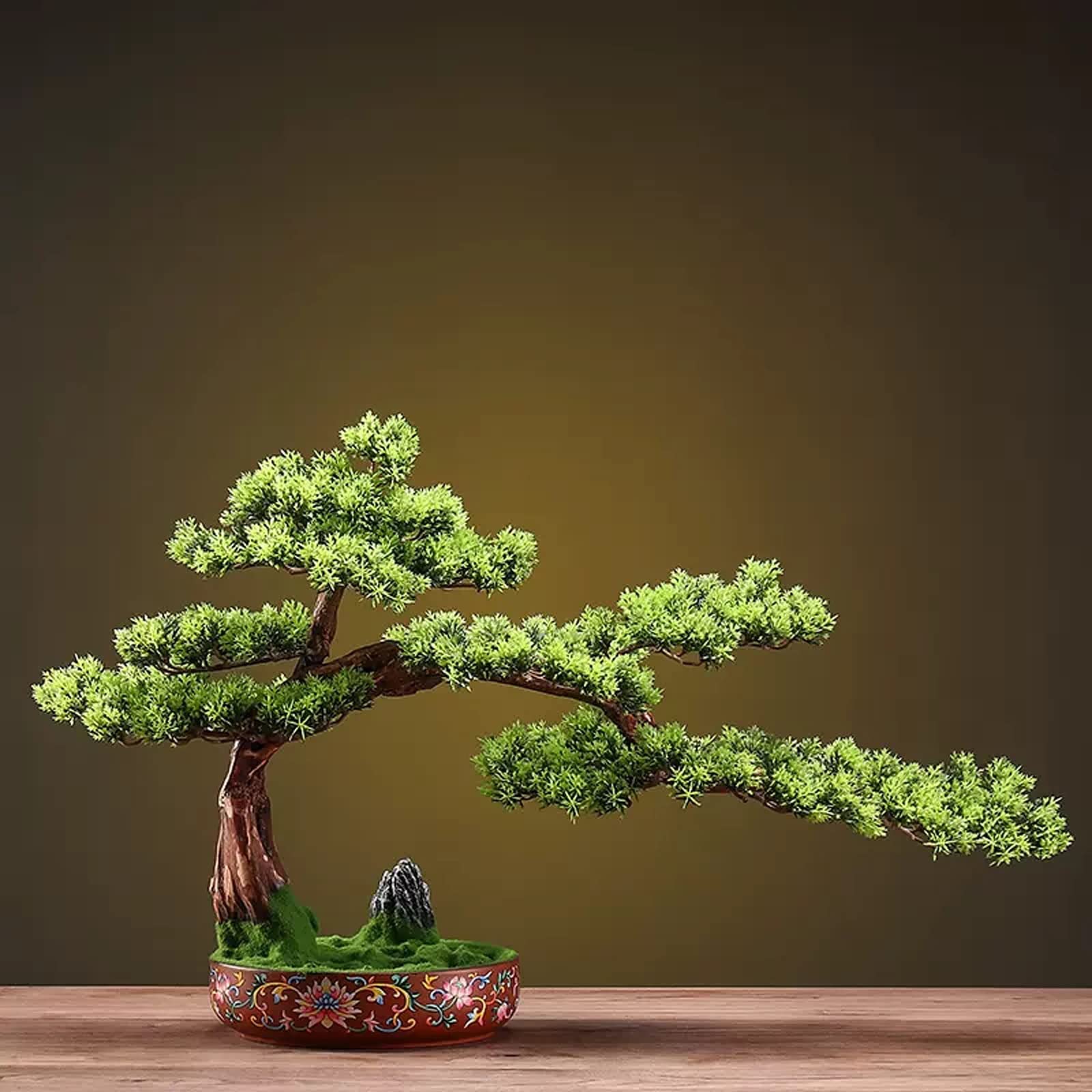 HCZKIUJY Artificial Plants Simulation Pine Fake Bonsai Lucky Zen Ornaments Living Room Porch Desk Top Fake Plants Decoration with Lotus Texture Flower Pot and Rockery Fake Plants Decor (Green)