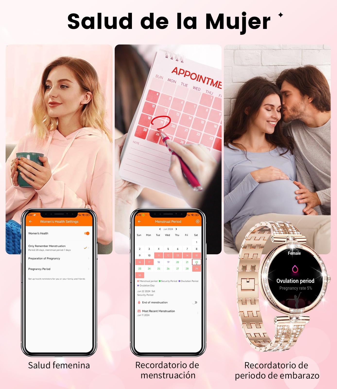LIGE Smartwatch Mujer Bluetooth Llamadas para Android iOS Diamante Oro Rosa Acero Reloj Inteligente para Mujer 1,19'' AMOLED,Frecuencia cardíaca/Monitor de sueño, podómetro, calorías,100+ Deporte