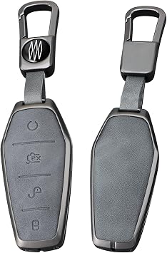 SANRILY Gray Metal Leather 4 Button Key Fob Cover Case Compatible with BYD Tang EV600 Han EV Yuan ATTO 3 Song PLUS Pro MAX DMI Qin Accessories Keyless Key Holder with Keychain A