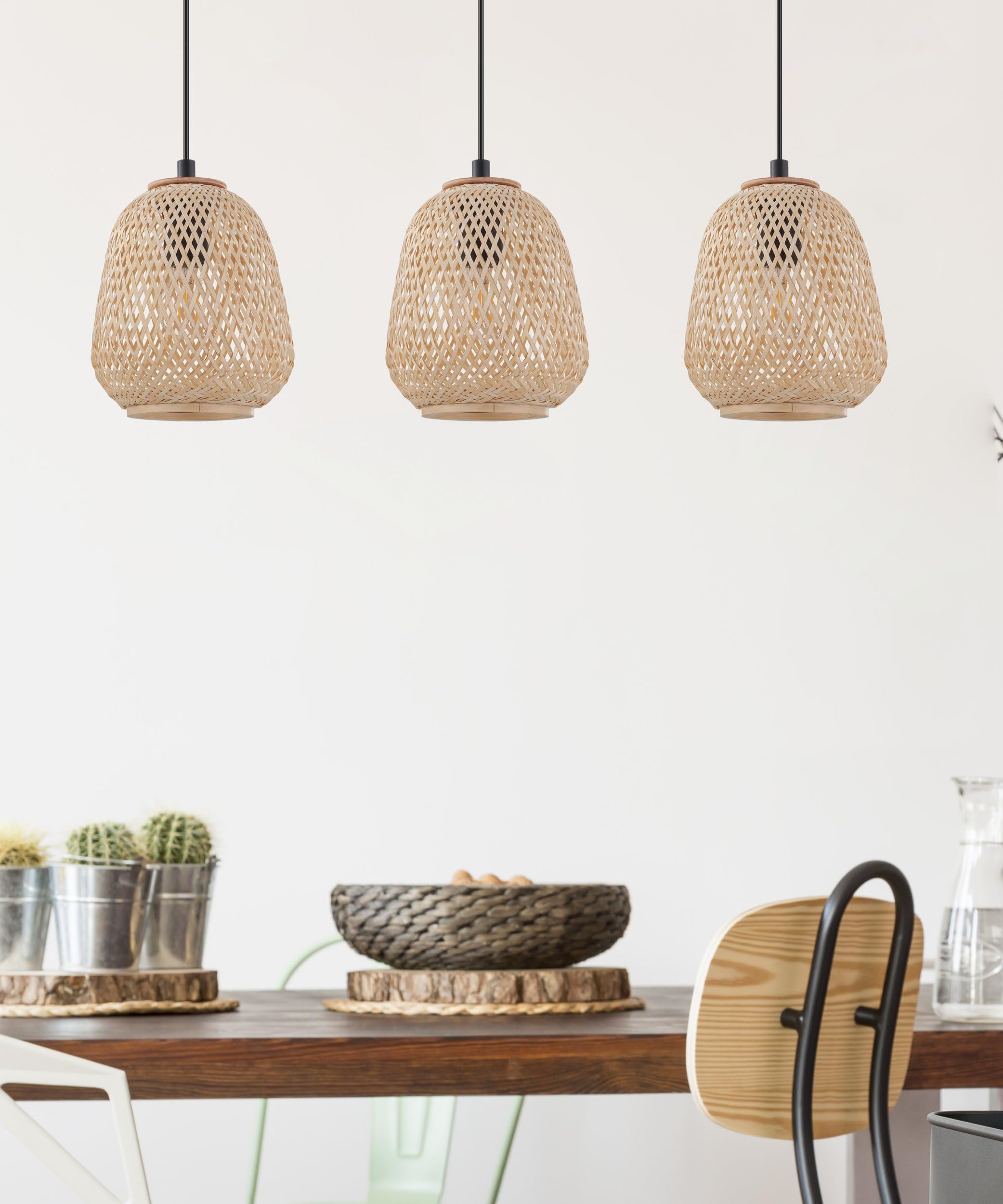 EGLO Pendelleuchte Dembleby, 3 flammige Hängelampe Vintage, Natur, Hygge | Hängeleuchte Holz Korb geflochten, Esstischlampe, Wohnzimmerlampe hängend in hell braun, Stahl, E27 Fassung
