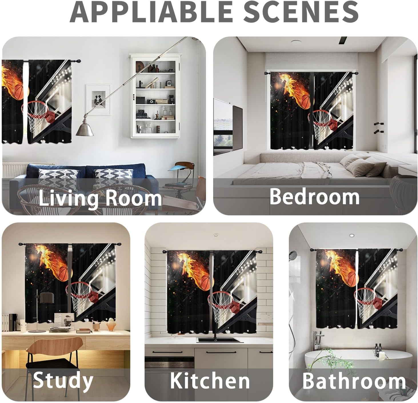 Boys Basketball Curtains Wide Kids Black Sports Orange Cool Gamer Gaming Nursery Fire Ball 52W x 63L Inch Rod Pocket for Bedroom Living Dining Room Window Drapes Treatment Fabric 2 Panels