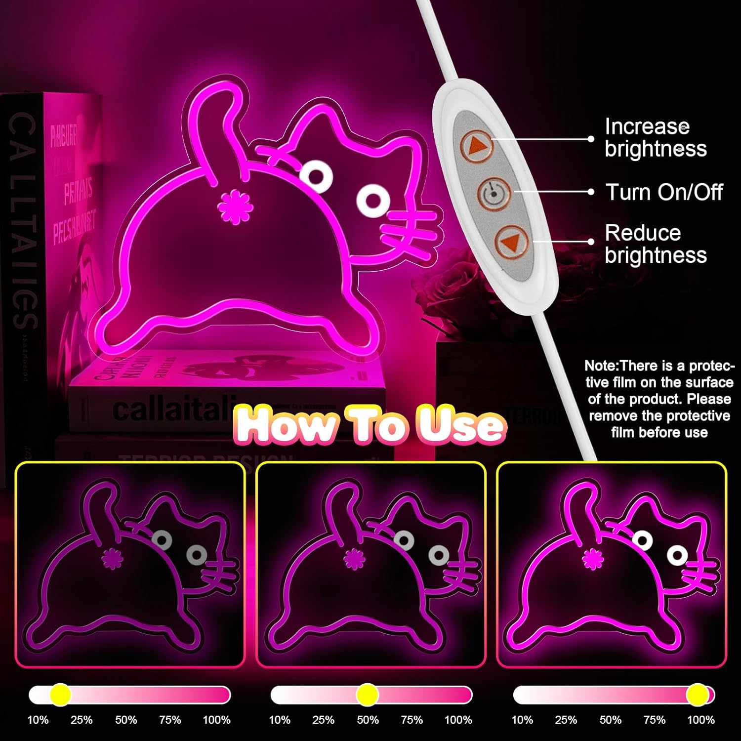 Cat Neon Sign for Wall Decor,Dimmable Funny Kitty Neon Light,Pink Animal Light Up Signs for Bedroom Party Bar Background Decoration