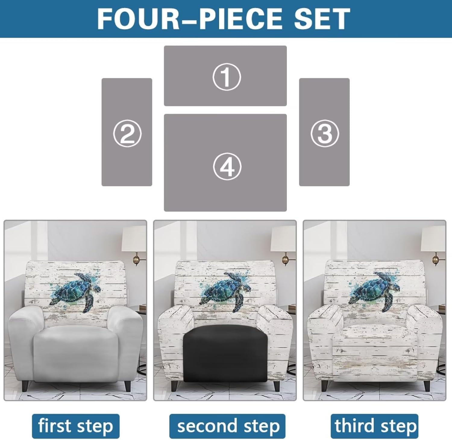 Watercolor Sea Turtle Wood Grain Print Recliner Chair Cover with Elastic Straps Decorative Recliner Covers for Large Reclining Stretch Furniture Protector for Living Room Bedroom, White