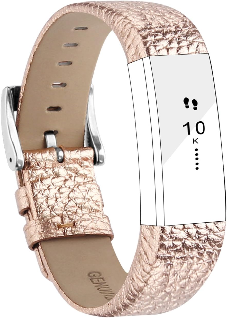 POY Replacement Bands Compatible for Fitbit Alta and Fitbit Alta HR, Genuine Leather Wristbands, Rose Gold