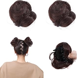NICENEEDED 2 PCS Space Bun Hair Pieces, Mini Claw Clip in Messy & Cat Ears Fake Hair Bun Extensions, Wig Accessory Updo Hairpieces for Women