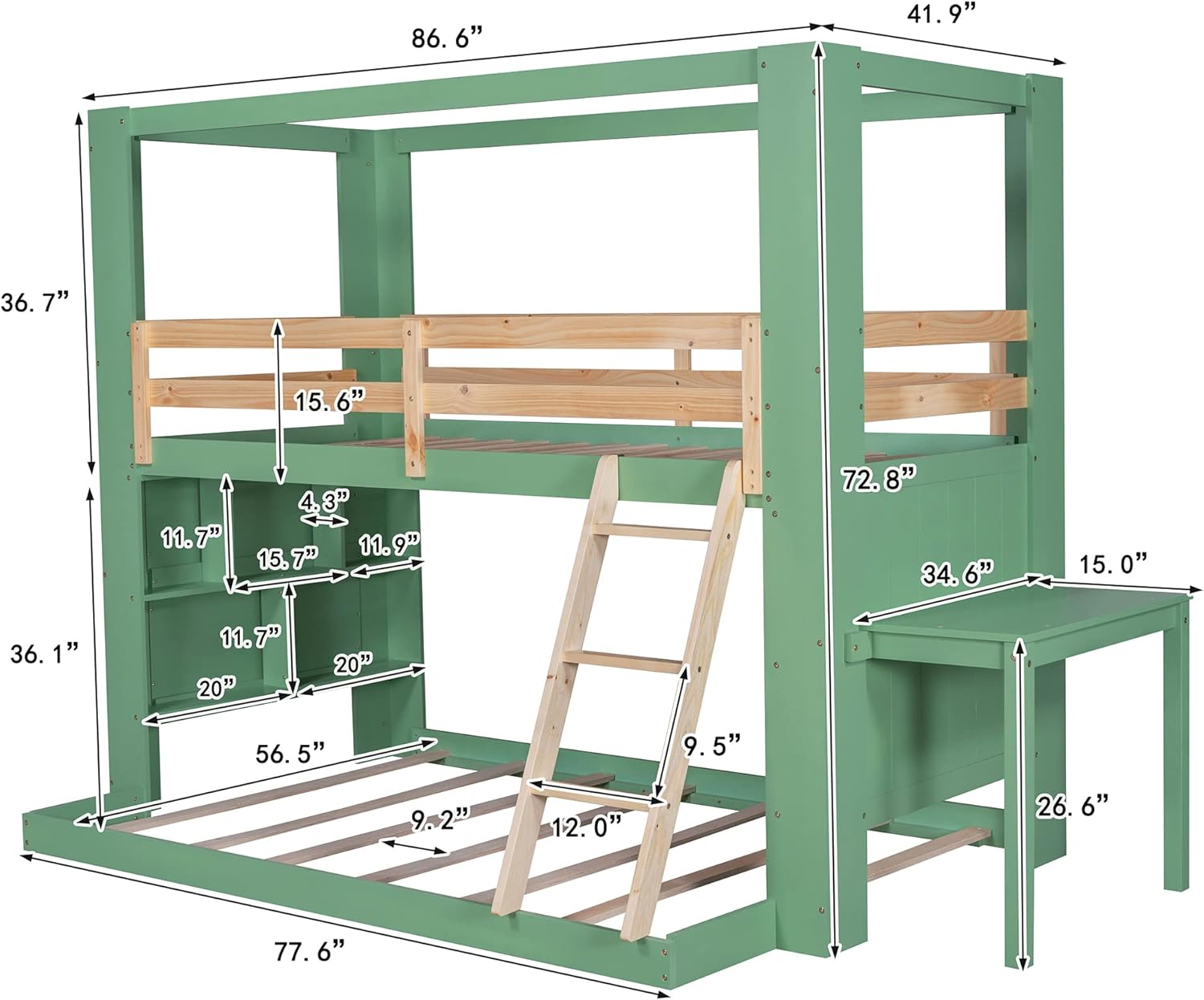 Harper & Bright Designs Twin Over Full Bunk Beds with Desk and Storage Shelves, Reinforced Structure House Bunk Bed for Kids, Wooden Bunk Bed Twin over Full for Teens Girls Boys,Green+Natural