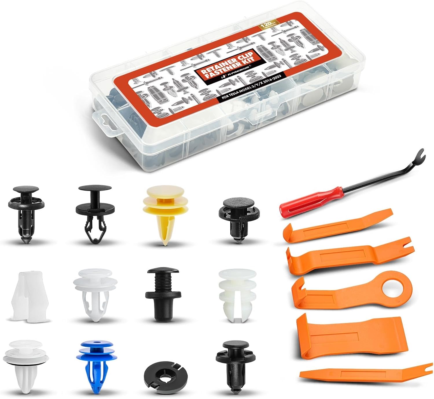 A-Premium 120 PCS (11 Sizes) Car Retainer Clips Kit Compatible with Tesla Model 3, Model X 2016-2023, Model Y Trim Panel Bumpers Auto Push Pin Plastic Rivet Fastener Replacement Set, w/Removal Tool