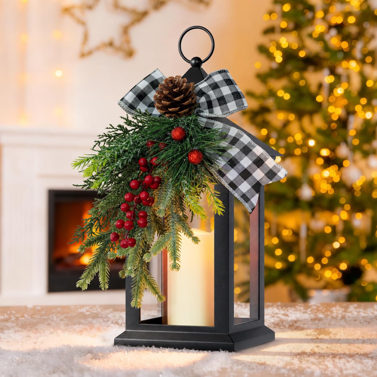 Christmas Decorative Lantern with LED Candle – Black Lantern with Pinecones, Black Bow – Battery Operated Christmas Table Centerpiece for Indoor Decor(1pack)