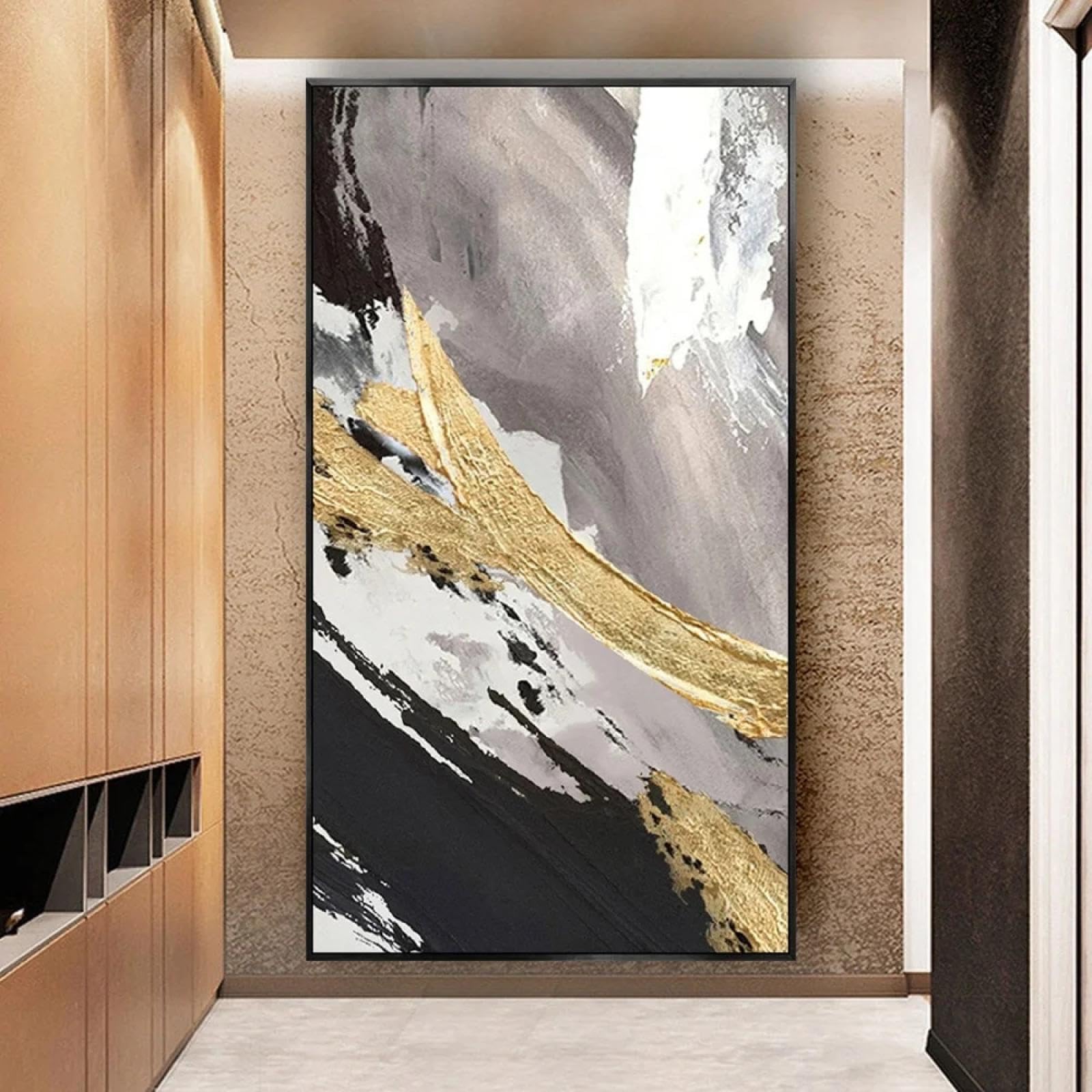 YAJNILUCK Modny abstrakcyjny obraz do dekoracji domu piękne obrazy olejne złotoszara tekstura płótno sztuka ścienna farba nowoczesny plakat 80 x 160 cm (31 x 63 cale) z ramą