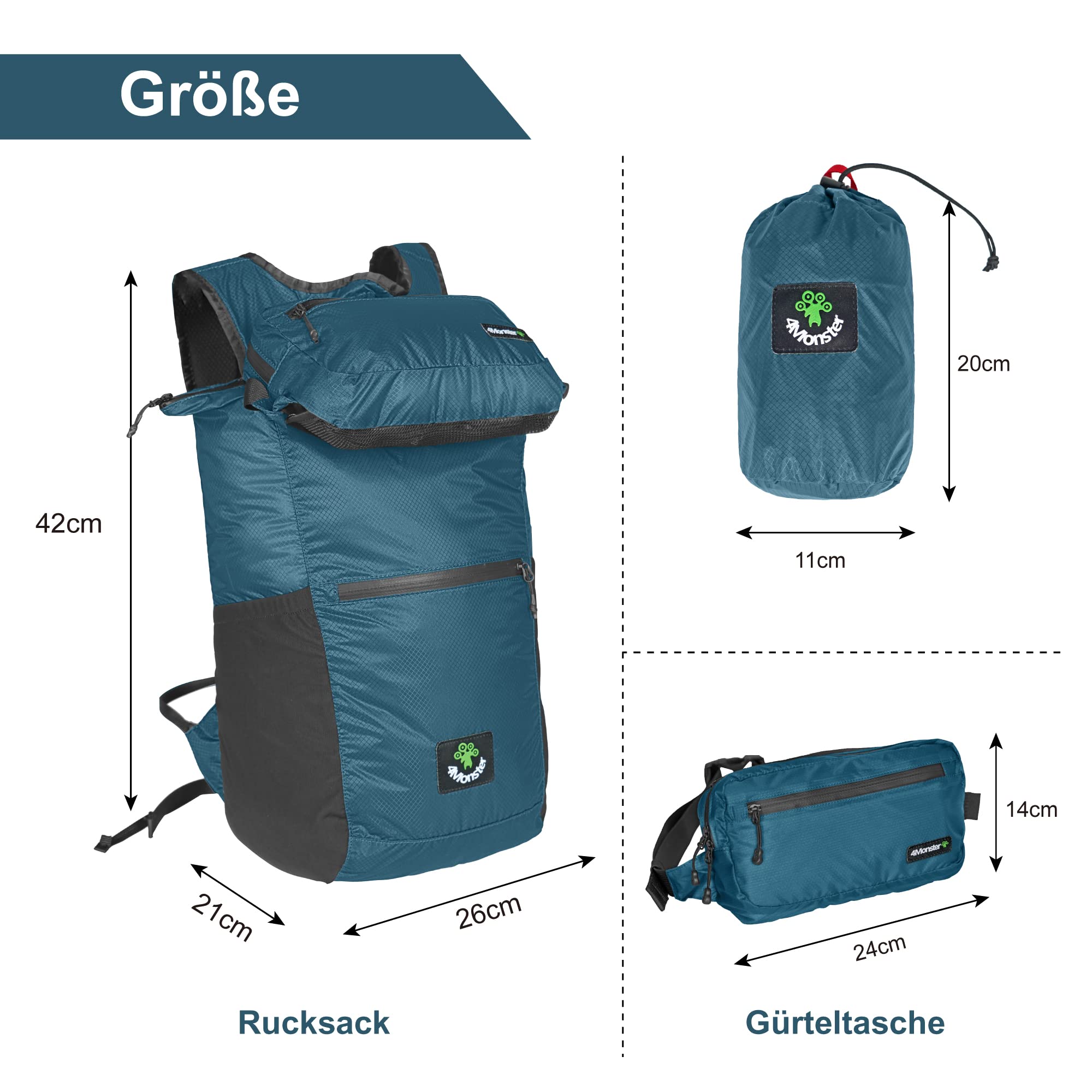 4Monster Zaino pieghevole ultra leggero, unisex per attività all'aperto, 2 in 1, zaino da trekking impermeabile