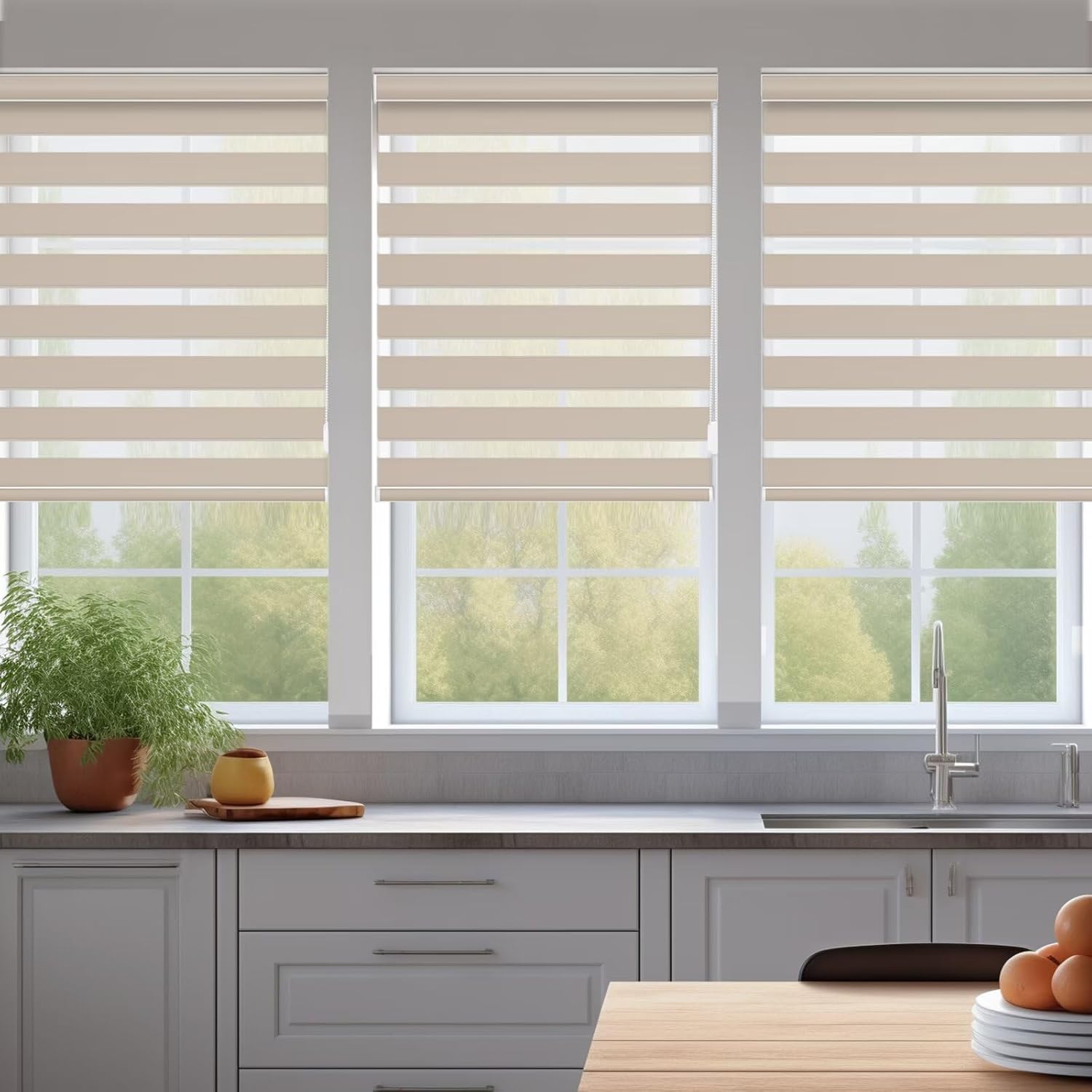 Changshade Custom Size Zebra Blinds for Indoow Windows, Free Stop Blackout Corded Zebra Shades Dual Layer Sheer Privacy Light Control Shades for Home Living Room, Bedroom, Easy Installation ，Beige