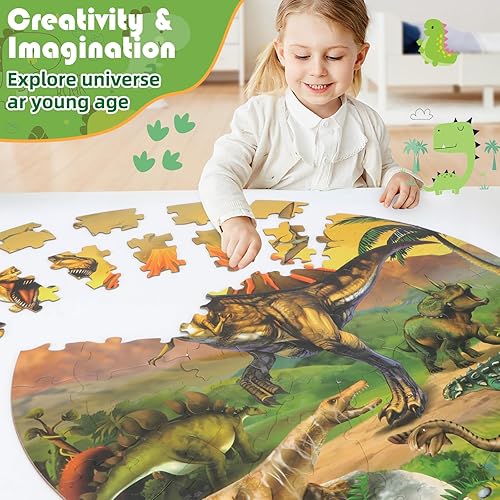 Miniatura 6 de Rompecabezas de suelo para niños de 4 a 8 años, rompecabezas grande de dinosaurio de 71 piezas para niños de 4 a 8 años, rompecabezas redondos para