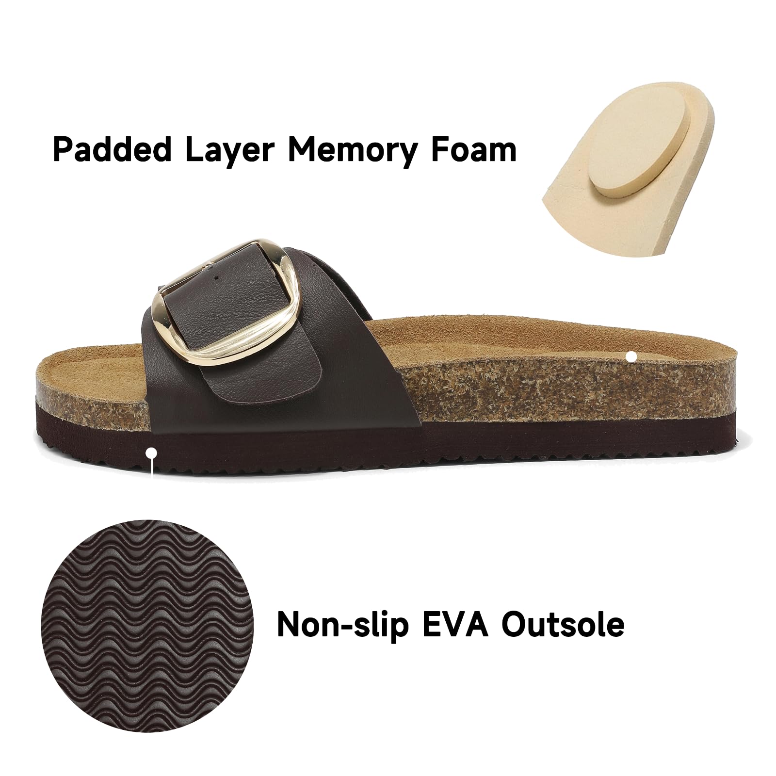 Sandales Femme Grande Boucle Métallique Semelle Cuir Véritable Mousse à Mémoire de Forme Mules en Liège Antidérapantes 36-42
