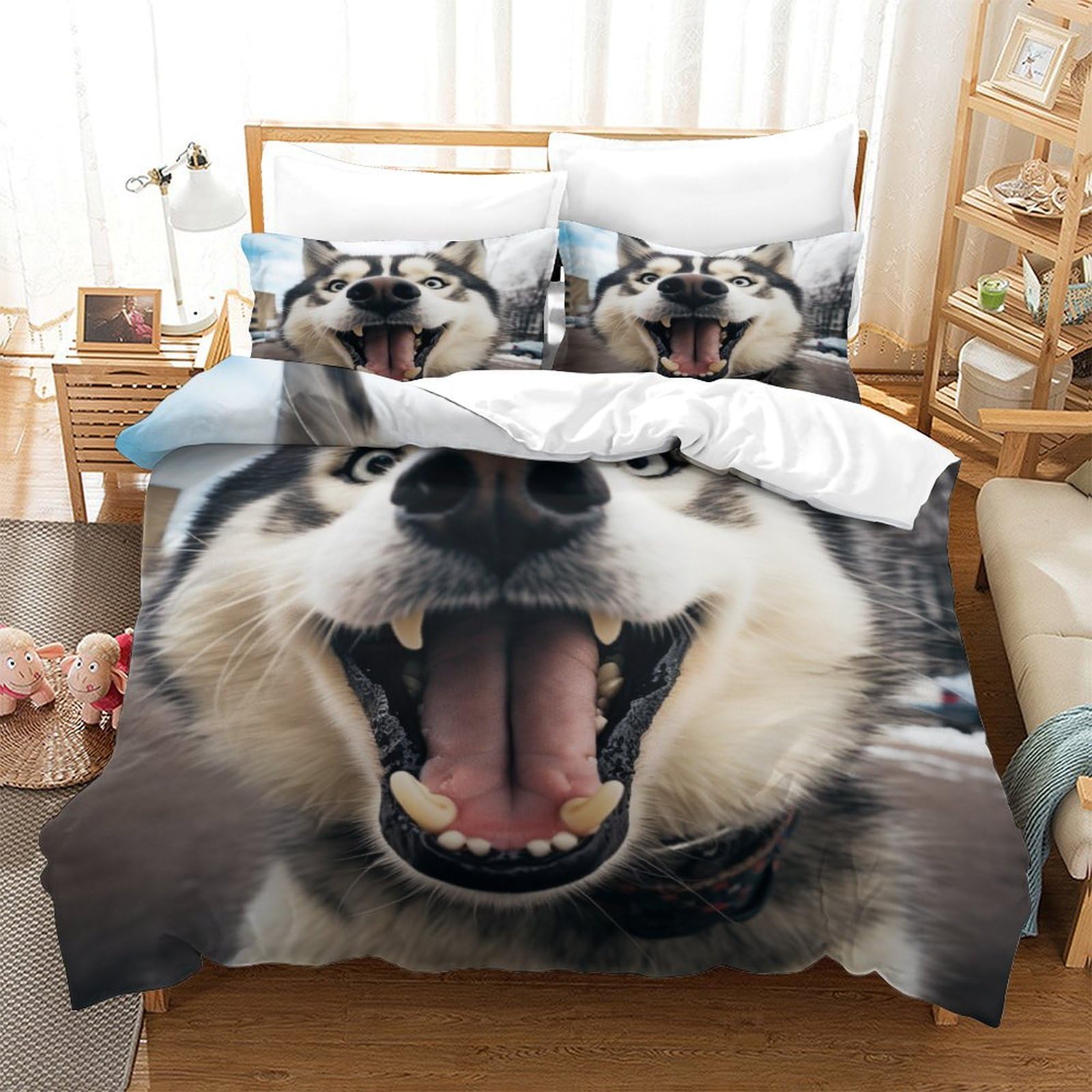 Housse de couette facile à enfiler Huskies avec fermeture éclair lit 140x200