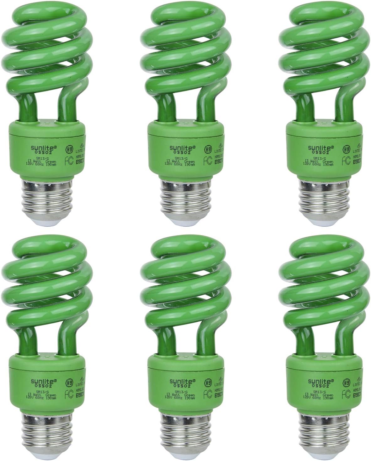 Sunlite 41418-SU CFL Spiral Colored Bulb, 13 Watt (40W Equivalent), Medium Base (E26), 8,000 Hour Life Span, UL Listed, Green 6 Pack