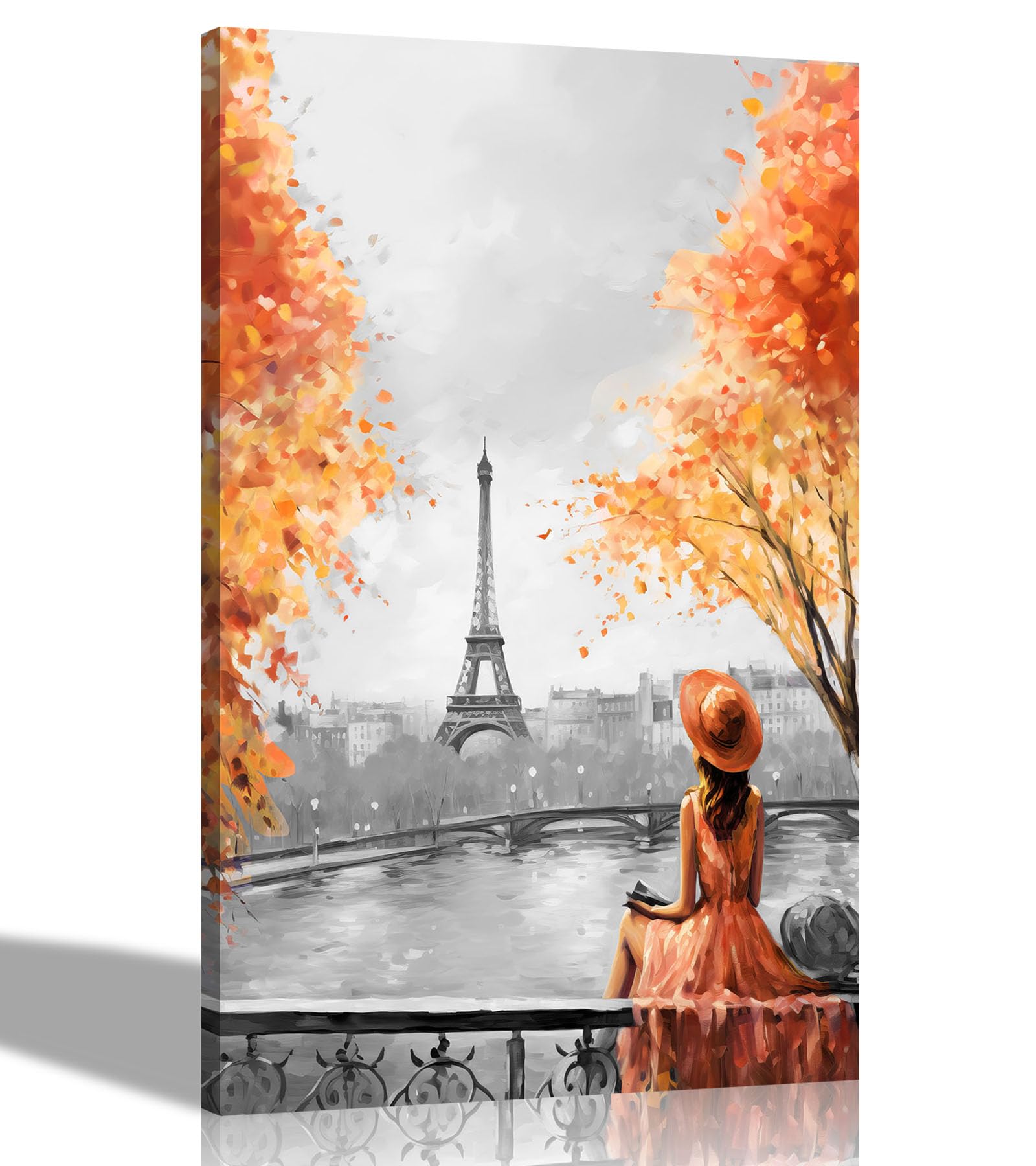 Artley Prints Portrait Grey Orange Black And White Alone And Blissful In Paris Orange Canvas Prints For Bedroom, Living Room - Wall Art City Pictures To Hang 60 X 40Cm (24 X 16 Inches) A2