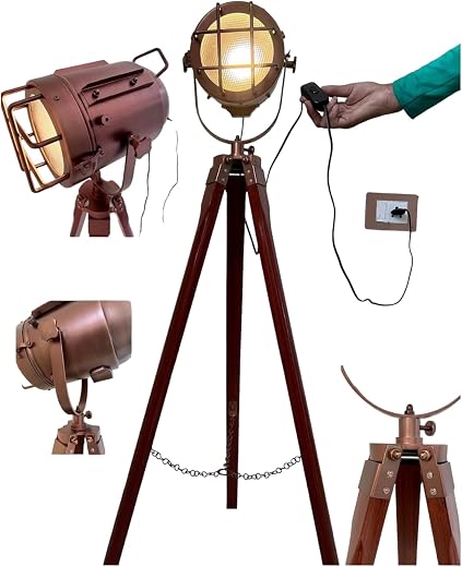 OVERSEAS MART Copper Finish Aluminum Wooden Tripod Spotlight Antique Decorative LED Spotlight Focus Vintage Retro Searchli...