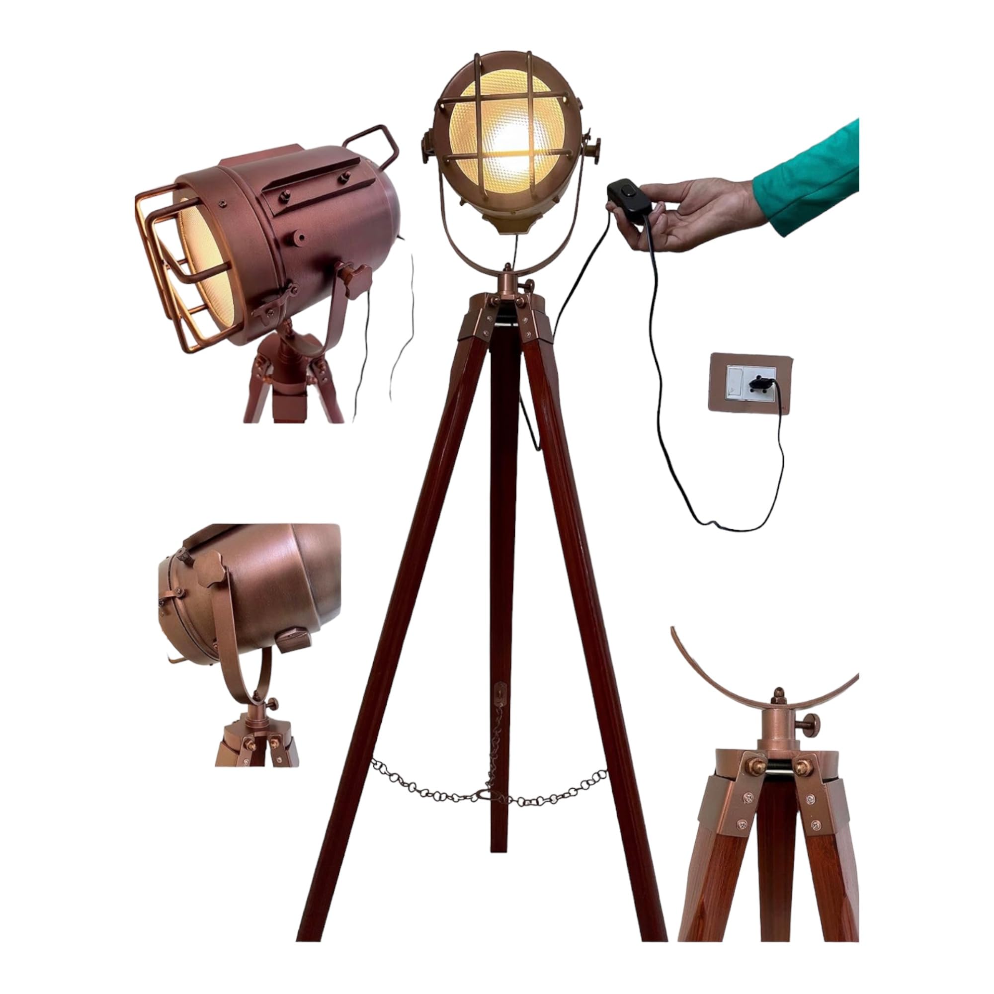 OVERSEAS MART Copper Finish Aluminum Wooden Tripod Spotlight Antique Decorative LED Spotlight Focus Vintage Retro Searchlights for Living Room, Home Décor Floor Lamp Wire & E-27 Holder-picture-17
