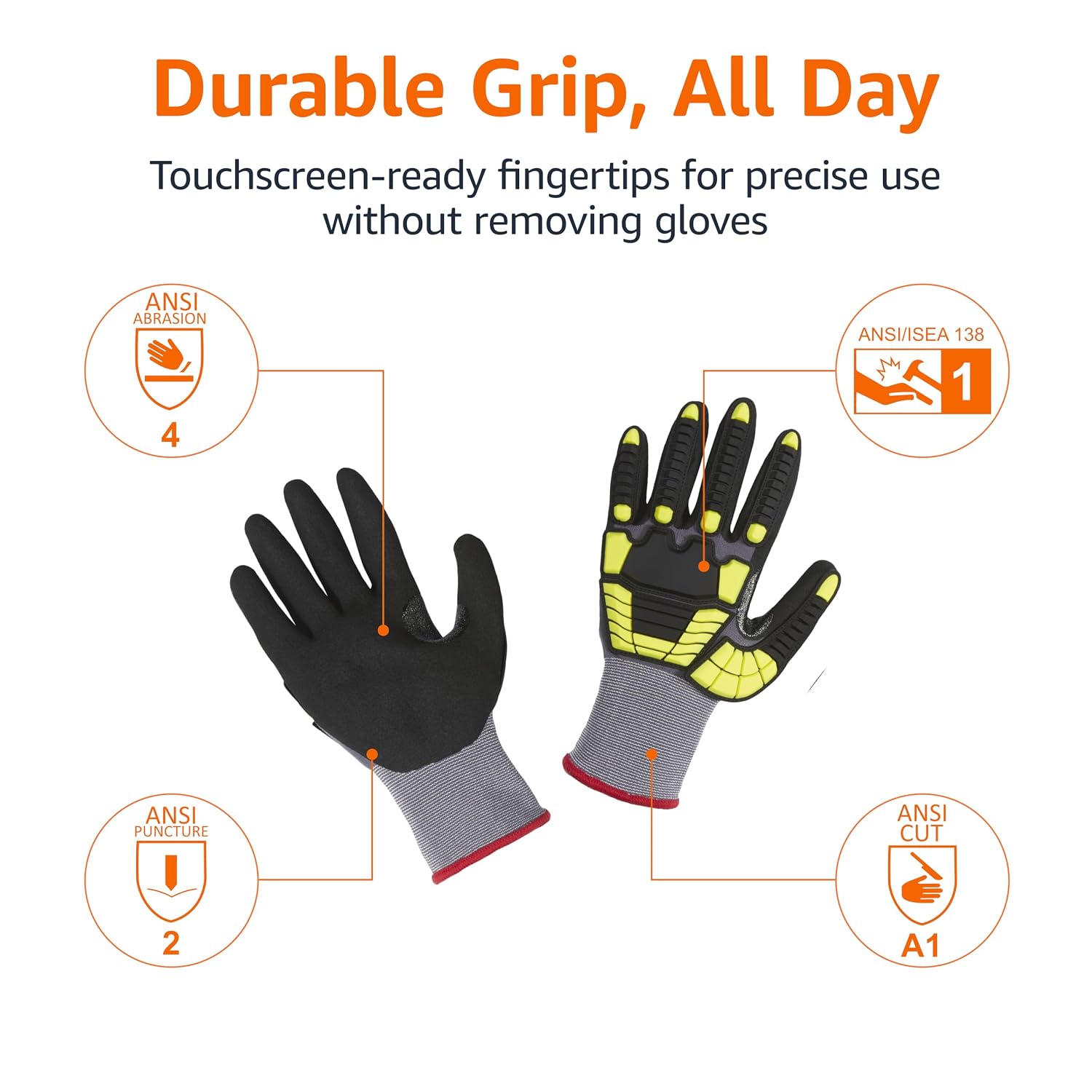 Amazon Basics Cut Level A1, Abrasion ANSI Level A4, Impact Protection Gloves with Touch Screen Friendly 15G Sandy Nitrile Palm, Pack of 120 Pairs, Yellow, Size Small