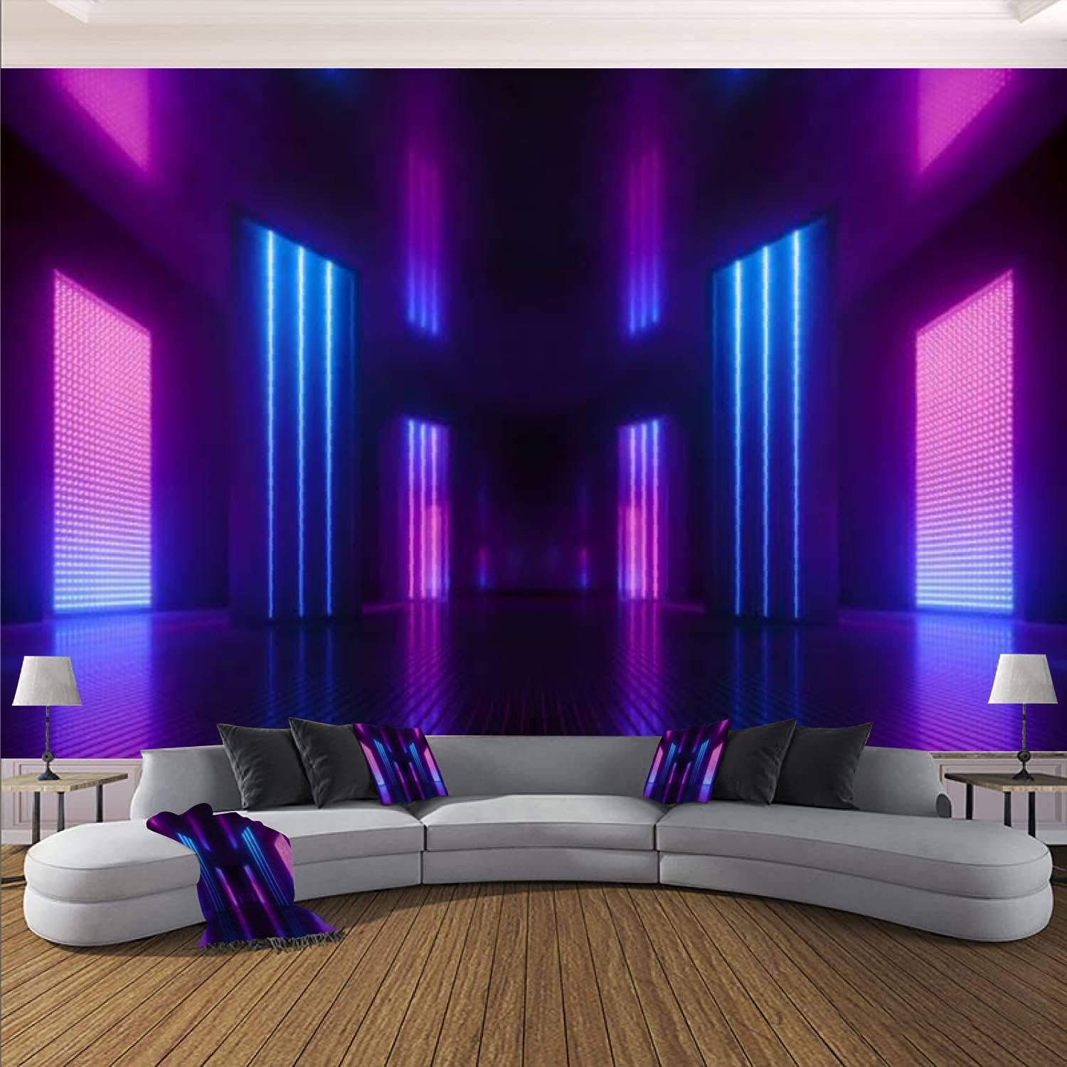 Modern Wall Murals 3D 3D Render Blue Pink Violet neon Abstract Light Night Club Empty Room Peel and Stick Wallpaper Removable Self-Adhesive PVC Wall Stickers for Living Room Bedroom Wall Decor