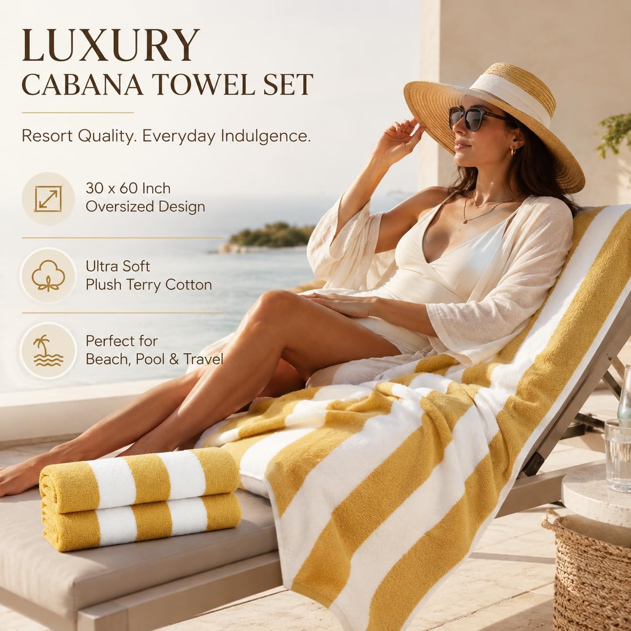 Premium Terry Cabana Beach Towel, Soft Plush Cotton Pool Towel, 30” x 60” Absorbent Quick Dry Travel Towel (White Yellow, 4 Pack)