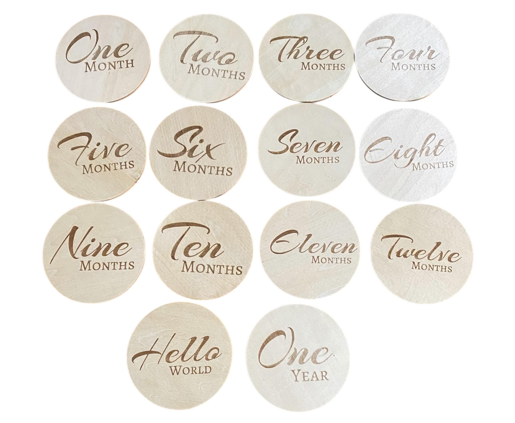 Baby Monthly Milestone Cards, Set of 14 Wooden Discs, One Month to One Year Plus Hello World, Natural