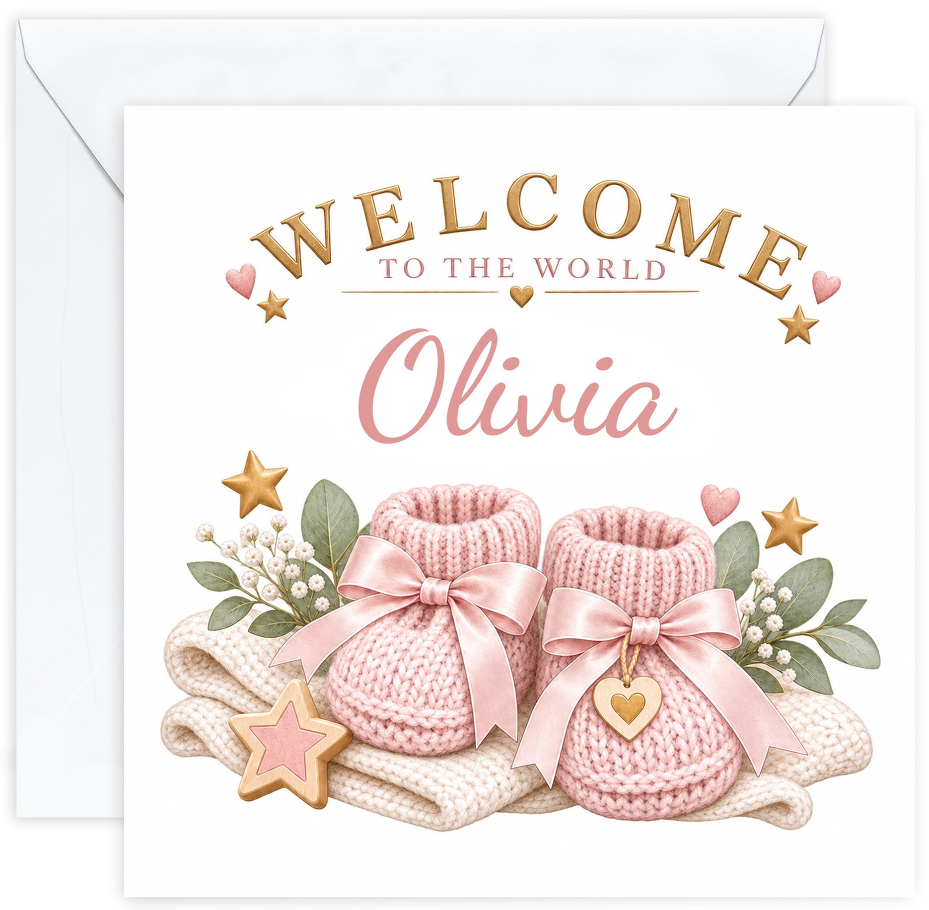 Personalised New Baby Girl Card with Name | Newborn Congratulations Card | Welcome to the World | Daughter Granddaughter Niece Goddaughter (Design 08)
