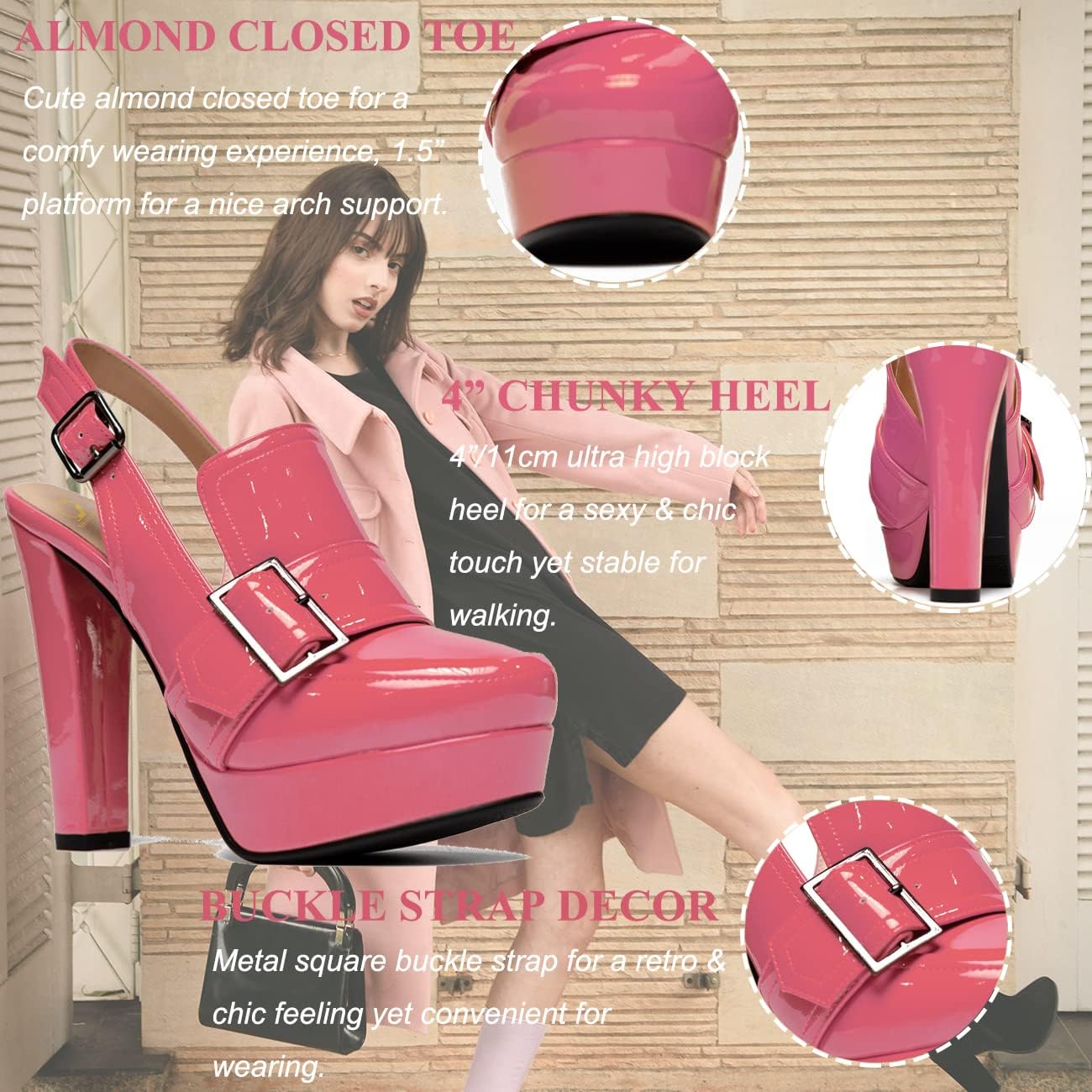 SHODENSE Women Vintage Platform Chunky High Heels Pumps Shoes Round Closed Toe Platform Loafers Ankle Strap Block Heel Slingback Summer Sandals Backless Buckle Loafer Ladies Sexy Chic Party 4-11 M US - Image 2