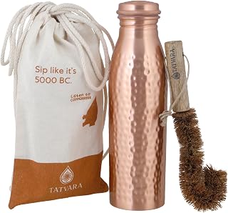 Pure Copper Water Bottle (32 oz), Handcrafted Ayurvedic Sports Water Bottle with Leak-Proof Lid, Includes Cleaning Brush & Gift Pouch – BPA-Free, Rustic Hammered Finish (Copper)