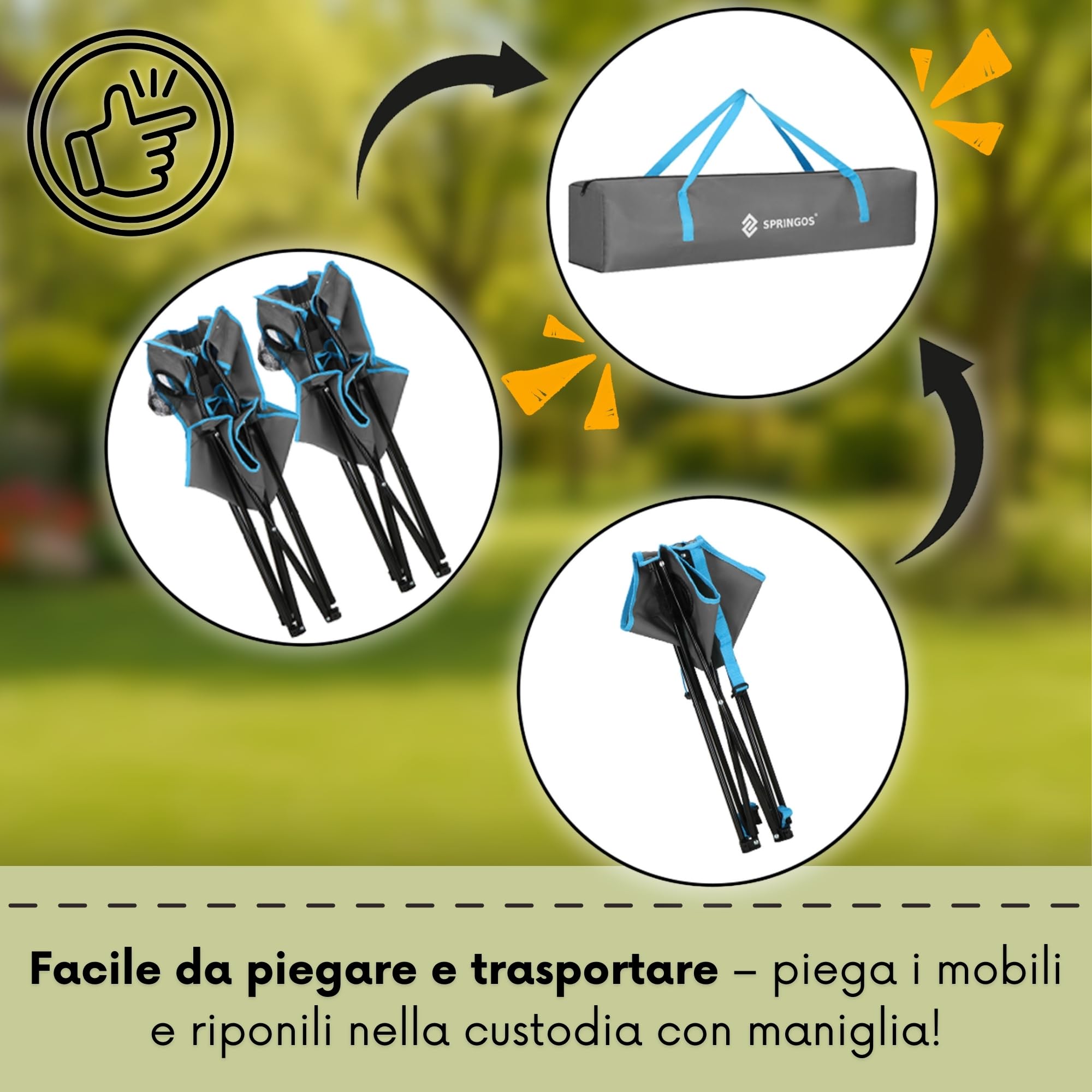 SPRINGOS Set da campeggio con tavolo pieghevole e 2 sedie, borsa per il trasporto, mobili da picnic per esterni con portabicchieri e regolazione dell'altezza, per pesca, balcone, festival