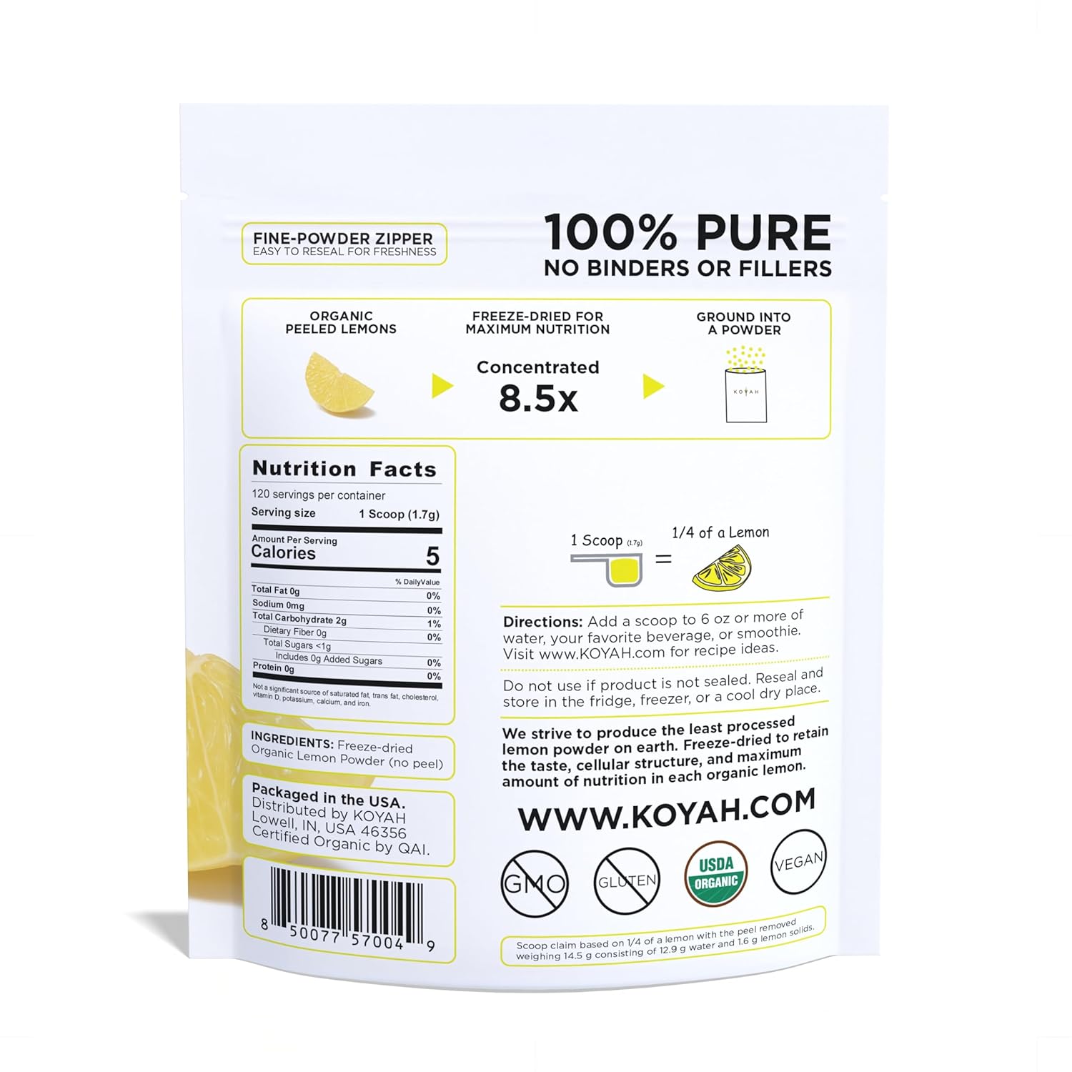 KOYAH - Organic Lemon Powder (no peel) - 120 Servings (1 Scoop = 1/4 Lemon), Freeze-Dried