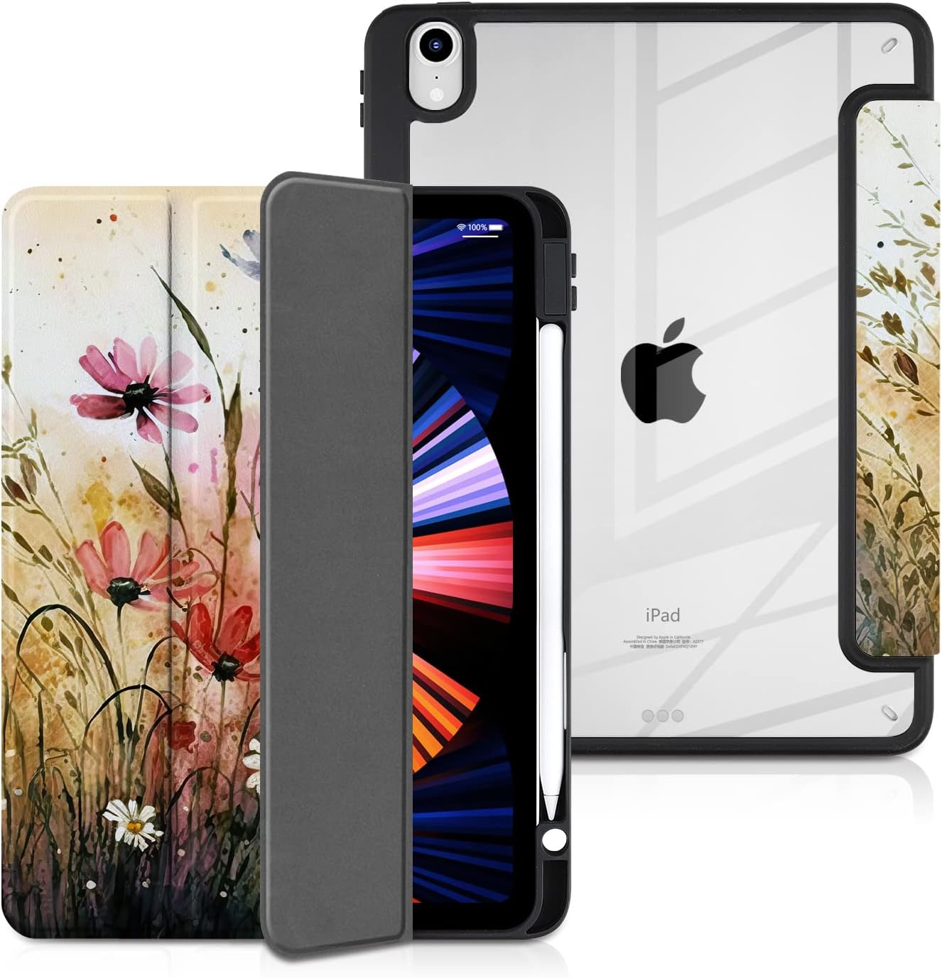 Batianda Case for 11-inch iPad Air 2025 M3 2024 M2 Chip/iPad Air 5th/4th 10.9 inch [Built-in Pencil Holder] Shockproof Cover with Clear Back Shell TPU Bumper Auto Sleep/Wake, Field of Flowers