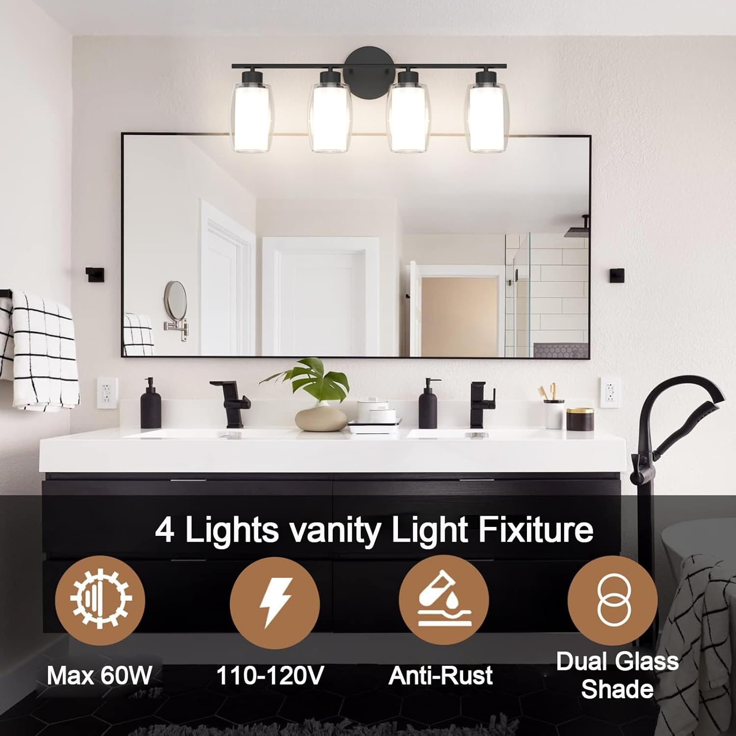 Aipsun 4 Lights Bathroom Light Fixture Black Vanity Lights Up and Down Modern Bahthroom Lighs with Clear Glass and Frosted Glass Modern Bahthroom Lighs Over Mirror(Exclude Bulb)