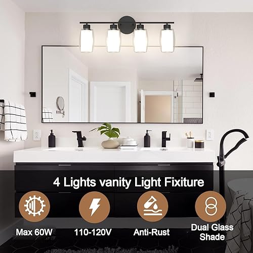 Miniatura 6 de Aipsun Lámpara de baño con 4 luces, luces negras arriba y abajo, modernas luces de bahthroom con vidrio transparente y vidrio esmerilado, luces