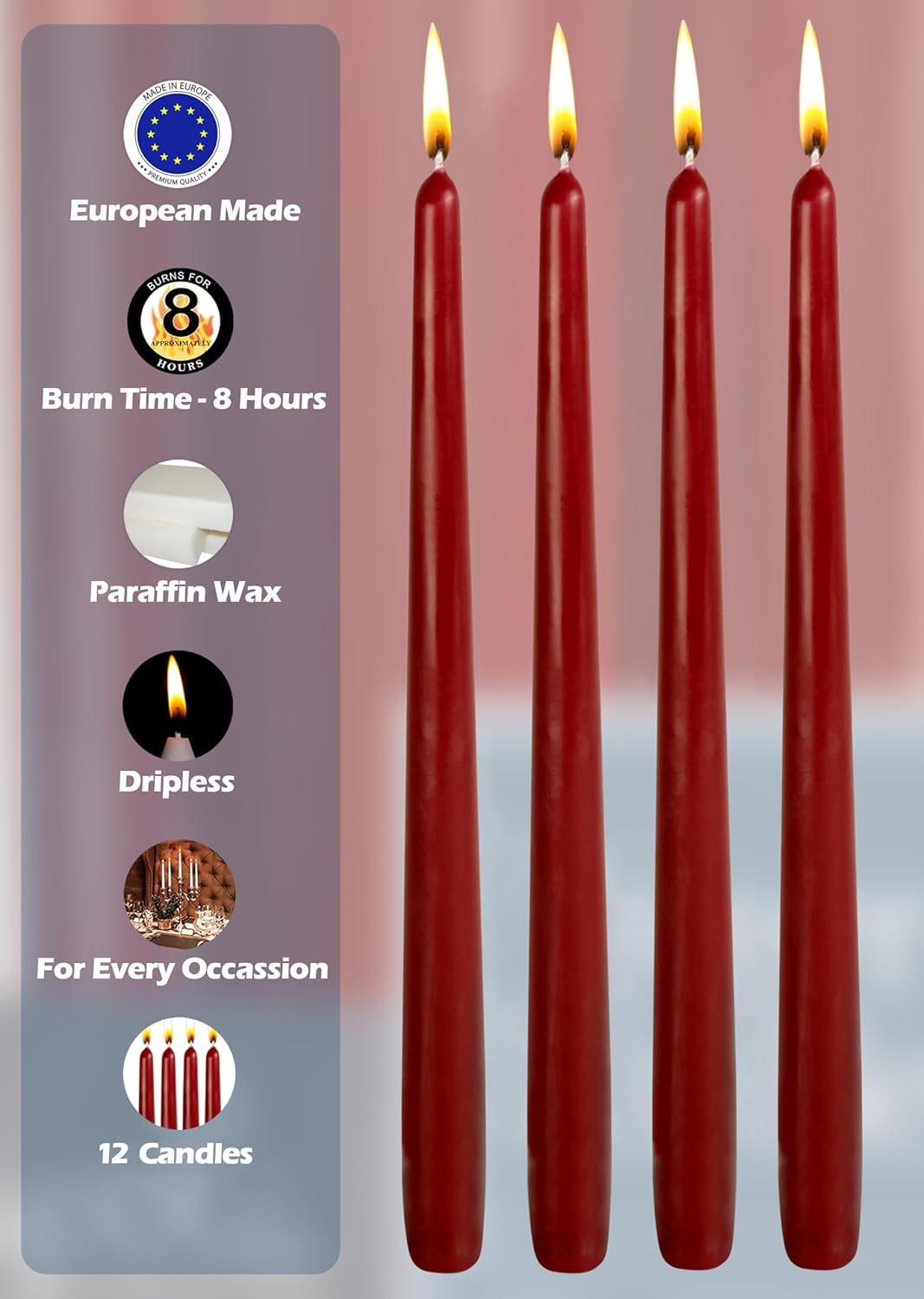 12 Pack Tall Taper Candles - 10 Inch Burgundy Dripless, Unscented Dinner Candle - Paraffin Wax with Cotton Wicks - 8 Hour Burn Time - Image 3