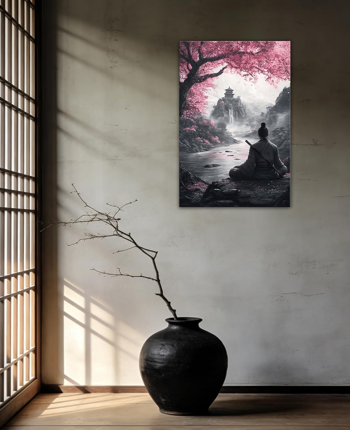 GLOKAKA Japanese Samurai Canvas Wall Art Cherry Blossom Pagoda Mountain Landscape Painting Prints Japan Samurai Warrior Decor for Living Room Home Office(Artwork-2,12"x18")