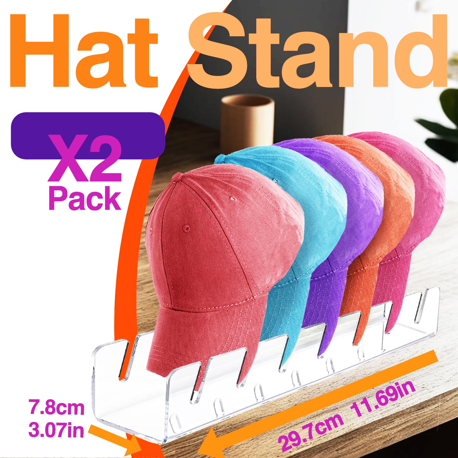 JIANGLIA Hat Stand - Acrylic Baseball Cap Display Holder, 14 Caps, No Install 2 Pcs(Clear) - Image 2