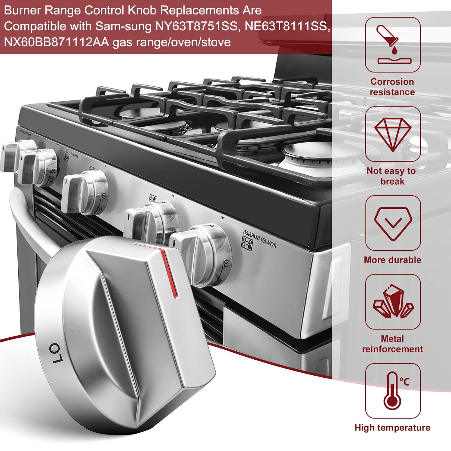 NX60T8711SS/AA Upgraded Stove Knobs Replacement 4-Pack, Electric Range Knobs, Compatible with Sam-Sung NY63T8751SS/AA, NE63T8111SS/AA-00, NX60BB871112AA, Stainless Steel Metal D-Shank
