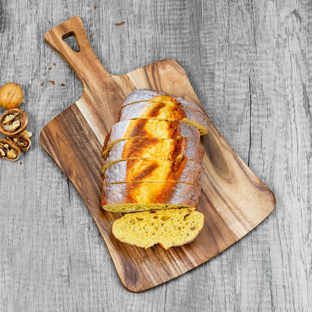 Deska do krojenia z drewna akacjowego z uchwytem, blat z litego drewna do krojenia mięsa, chleba, warzyw i owoców, deski do serwowania sera delikatesowego (46 x 26 x 1,5 cm)