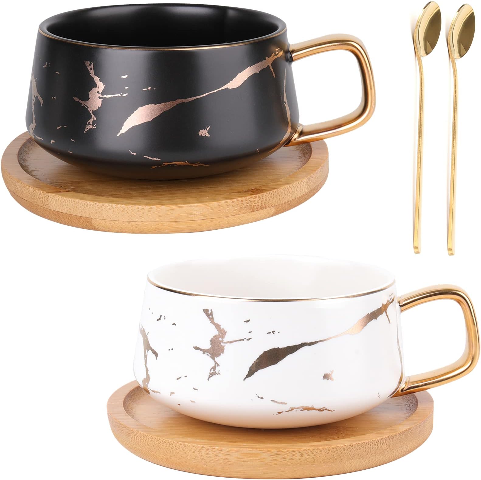2 Pack Ceramic Tea Cup and Saucer Sets, 300ml Marble Flat Cappuccino Mugs, Porcelain Coffee Mug with Spoon and Bamboo Saucer, Marble Espresso Cups for Latte, Americano, White and Black