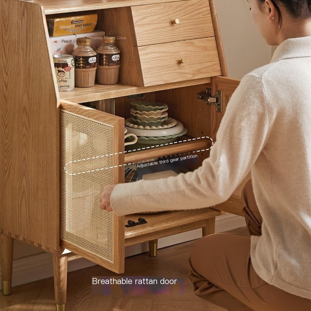 Bufetera Solid Wood Side Cabinet Modern Simple Oak Sideboard Nordic Home Small Apartment Living Room Rattan TV Side Cabinet Aparadores Para Comedor