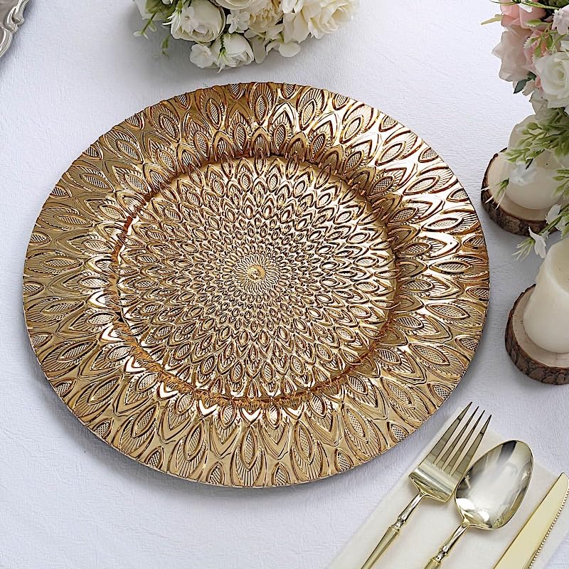 Balsa Circle 6 Round 13 in Gold Plastic Charger Plates Embossed Peacock Design Party Events Reception Tableware Home Decorations Supplies