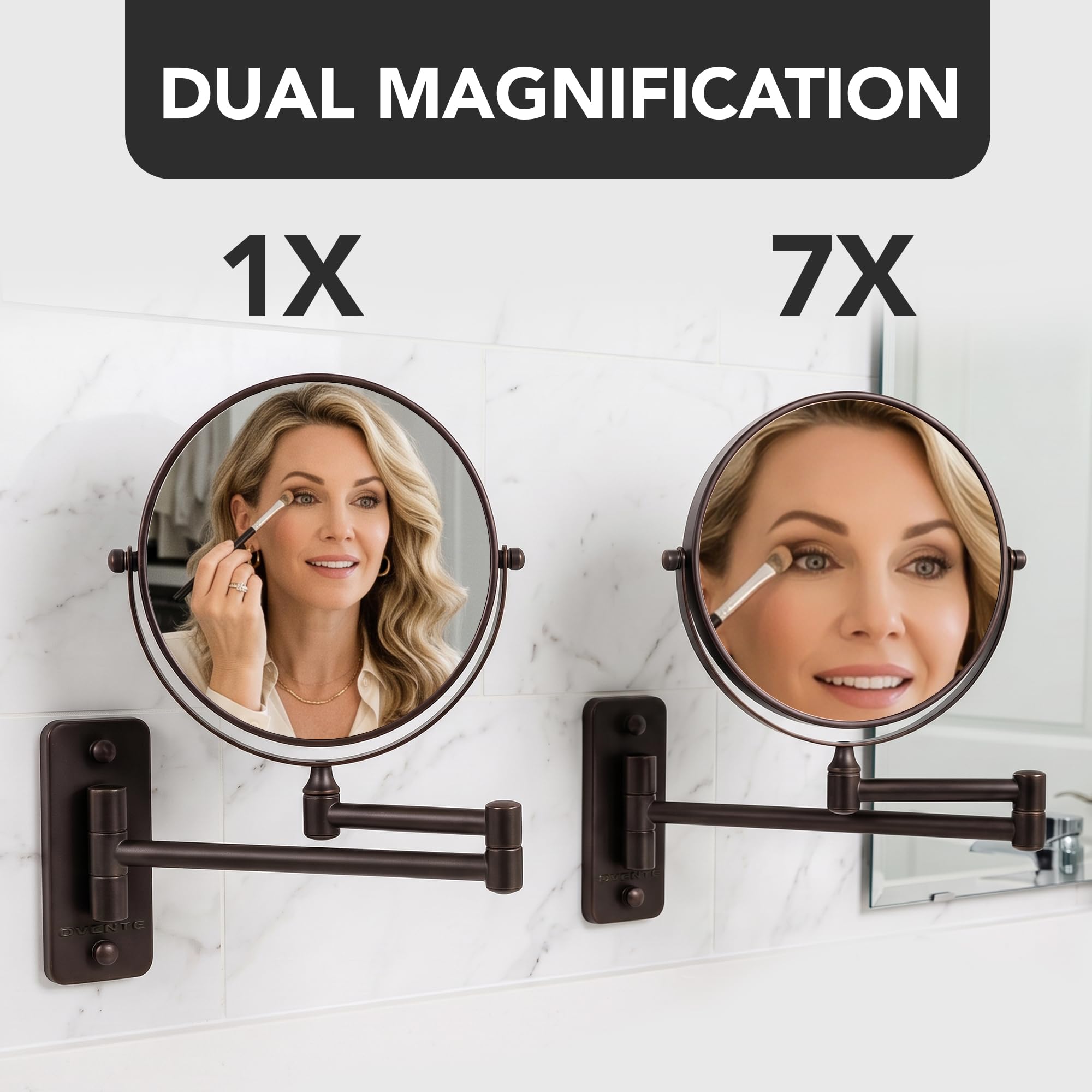 OVENTE MNLFW70ABZ1X7X Wandmontierter Make-up-Spiegel, 1-/7-fache Vergrößerung, doppelseitig, runder Schminkspiegel, 360° drehbares Design, ausziehbarer und klappbarer Arm, 17,8 cm, Antik-Bronze