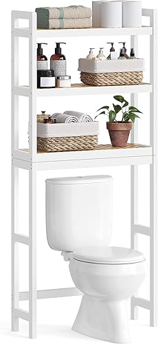 SONGMICS Over The Toilet Storage, 3-Tier Bamboo Over Toilet Bathroom Organizer with Adjustable Shelf, Fit Most Toilets, Space-Saving, Easy Assembly,