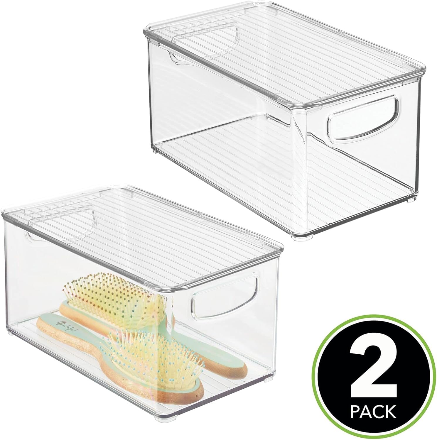mDesign Deep Plastic Bathroom Storage Bin Box, Lid/Built-in Handles, Organization for Makeup, Hair Styling Tools, Toiletry Accessories in Cabinet, Shelves, Ligne Collection, 2 Pack, Clear/Clear : Home & Kitchen