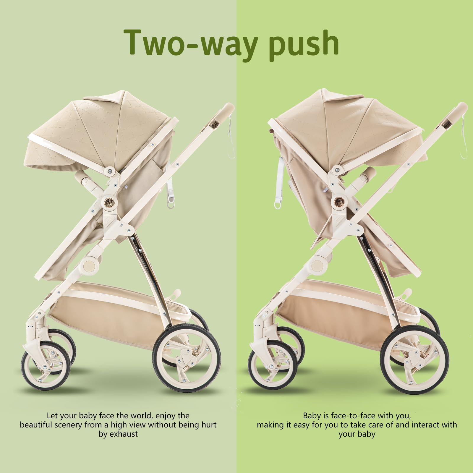Pelle Passeggino 3 in 1 Sistema di Viaggio con Seggiolino Auto Telaio Alluminio Carrozzina Città Pieghevole per Bambini 0-4 Anni Cachi