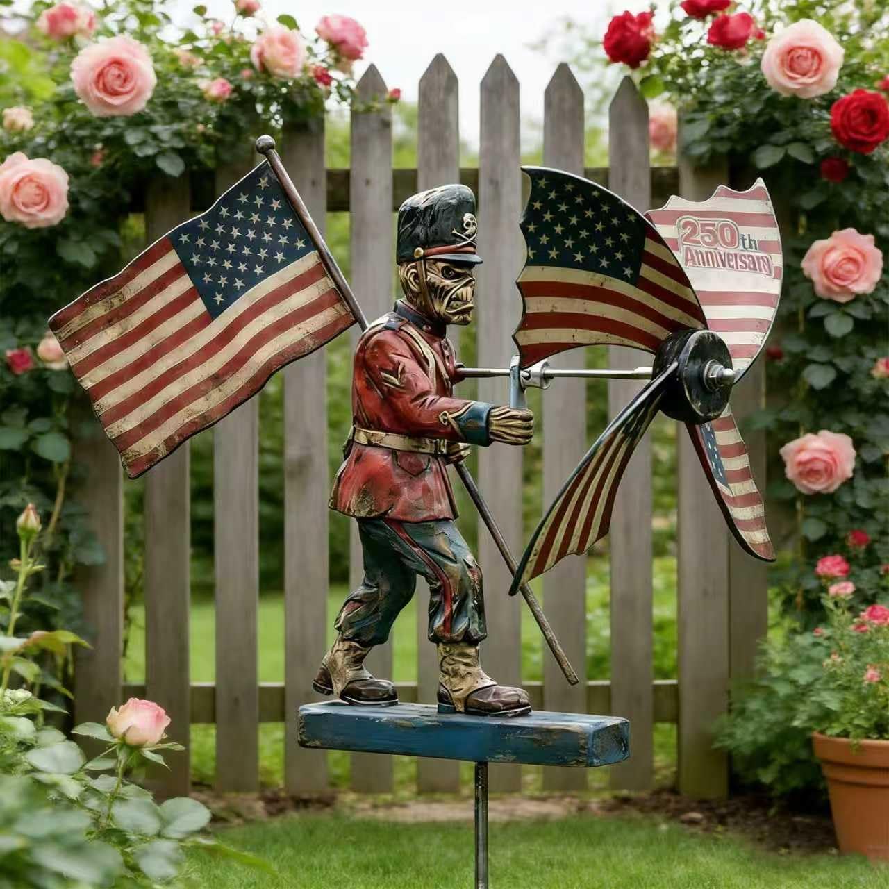 250th Anniversary Garden Wind Spinner, 1776-2026 Metal Outdoor Decor, Patriotic Soldier Wind Sculpture with American Flag, Metal Outdoor Wind Spinner Decor for Yard, Patio, Garden